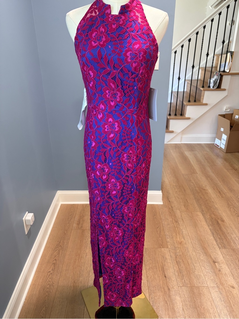 JS Collections Floral Lace Halter Maxi Gown Pink Blue Formal Dress NWT Size 2